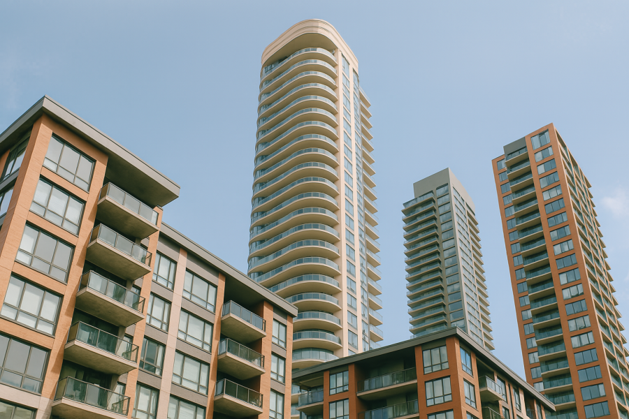 A group of modern high-rise and low-rise condo buildings with glass balconies and vibrant architecture under a bright blue sky in Vancouver. Ideal setting for first-time condo buyers.
