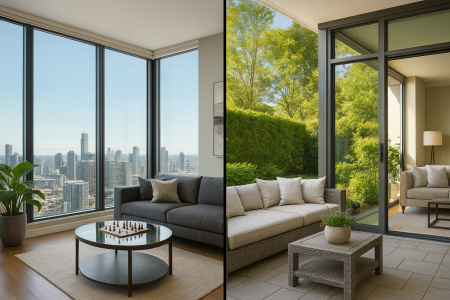 Split-screen image showing two condo interiors: the left side features a modern high-rise corner suite with floor-to-ceiling windows overlooking a city skyline, while the right side shows a cozy ground-floor patio suite with outdoor seating and lush greenery just beyond the glass doors.