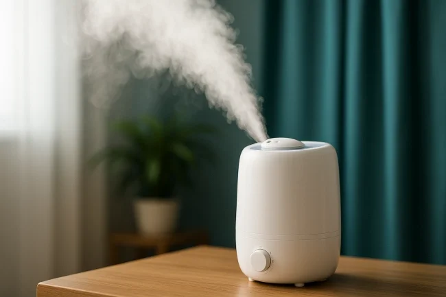Boost Your Humidity – Maintain 30-50% humidity to reduce dust and static Cool mist humidifier on wooden table with visible vapor