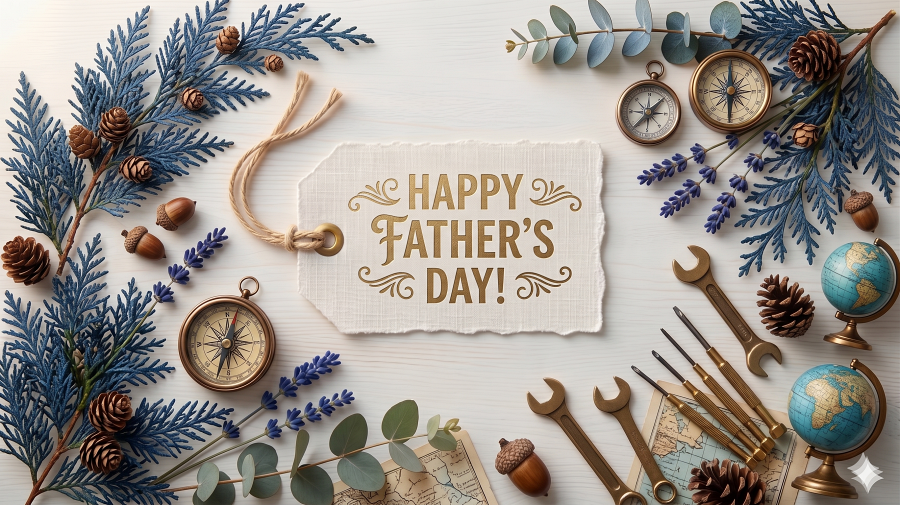 Father's Day card image with compasses, tools, globes, and evergreen branches.