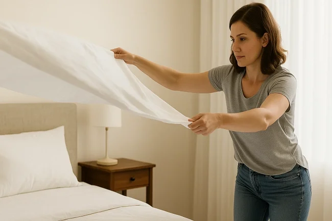 Wash Bedding Frequently – Remove dust mites and allergens with hot water washes Person making a bed with white sheets in sunlit room