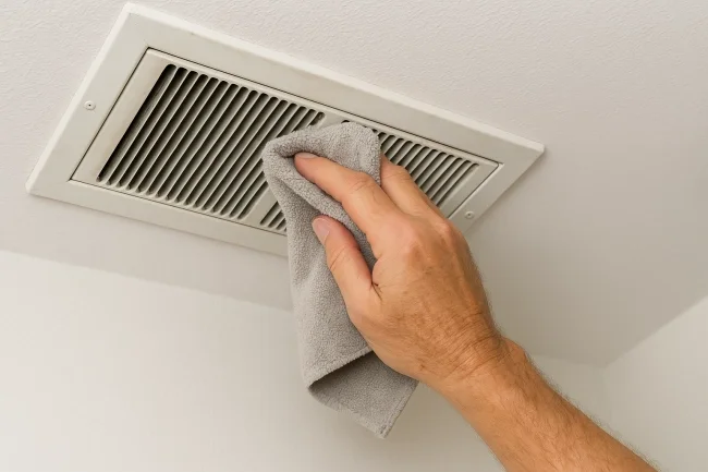 Clean Your Vent Grilles – Prevent dust from circulating through your HVAC system Hand cleaning white ceiling vent with microfiber cloth
