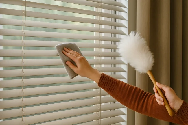 Dust Your Window Coverings – Blinds and curtains trap significant dust Person dusting horizontal blinds with a microfiber cloth