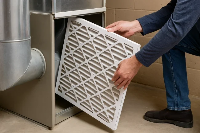 Change Furnace Filters Monthly – Clean filters improve air quality and system efficiency Hands replacing an air filter in HVAC unit