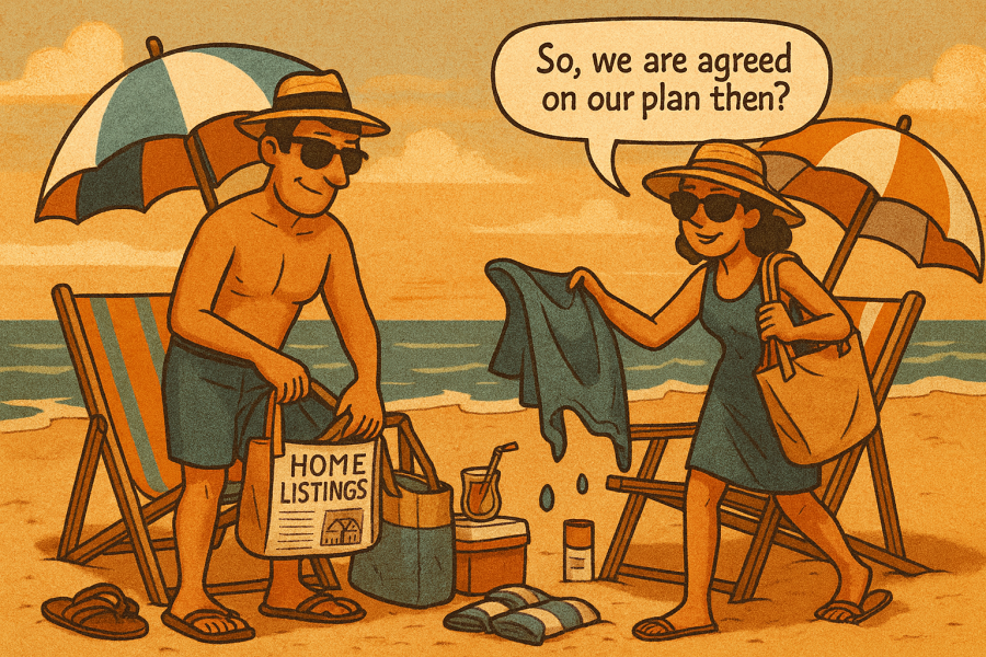 A couple on a beach, with a man holding a bag of HOME LISTINGS