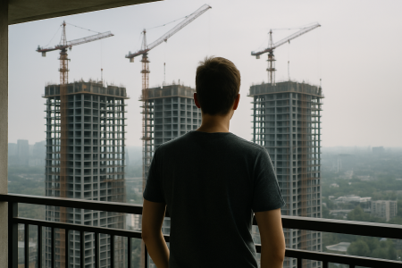 A man stands on the balcony of a high-rise apartment, looking out at three tall buildings under construction directly in front of him. Tower cranes are perched on top of the skeletal structures, partially blocking the cityscape. Two older women stand nearby, embracing and observing the scene as well.