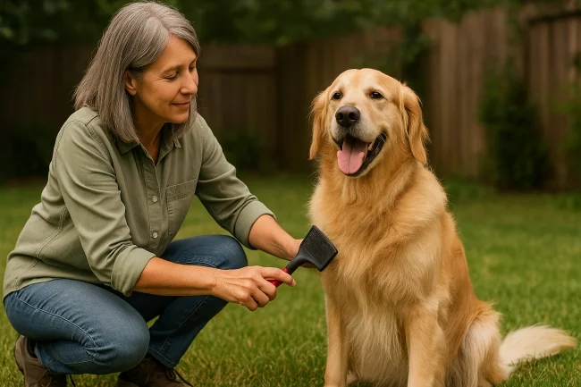 Brush Pets Outside – Reduce indoor allergens from fur and dander Woman brushing golden retriever in backyard