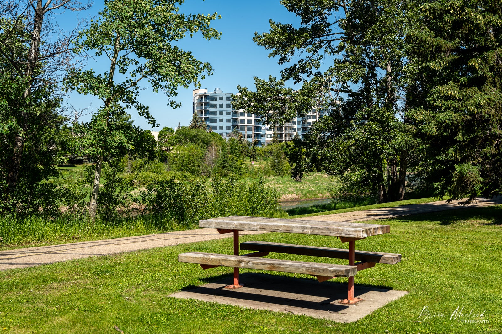 picnic table in a Braeside park, overlooking Sturgeon River 