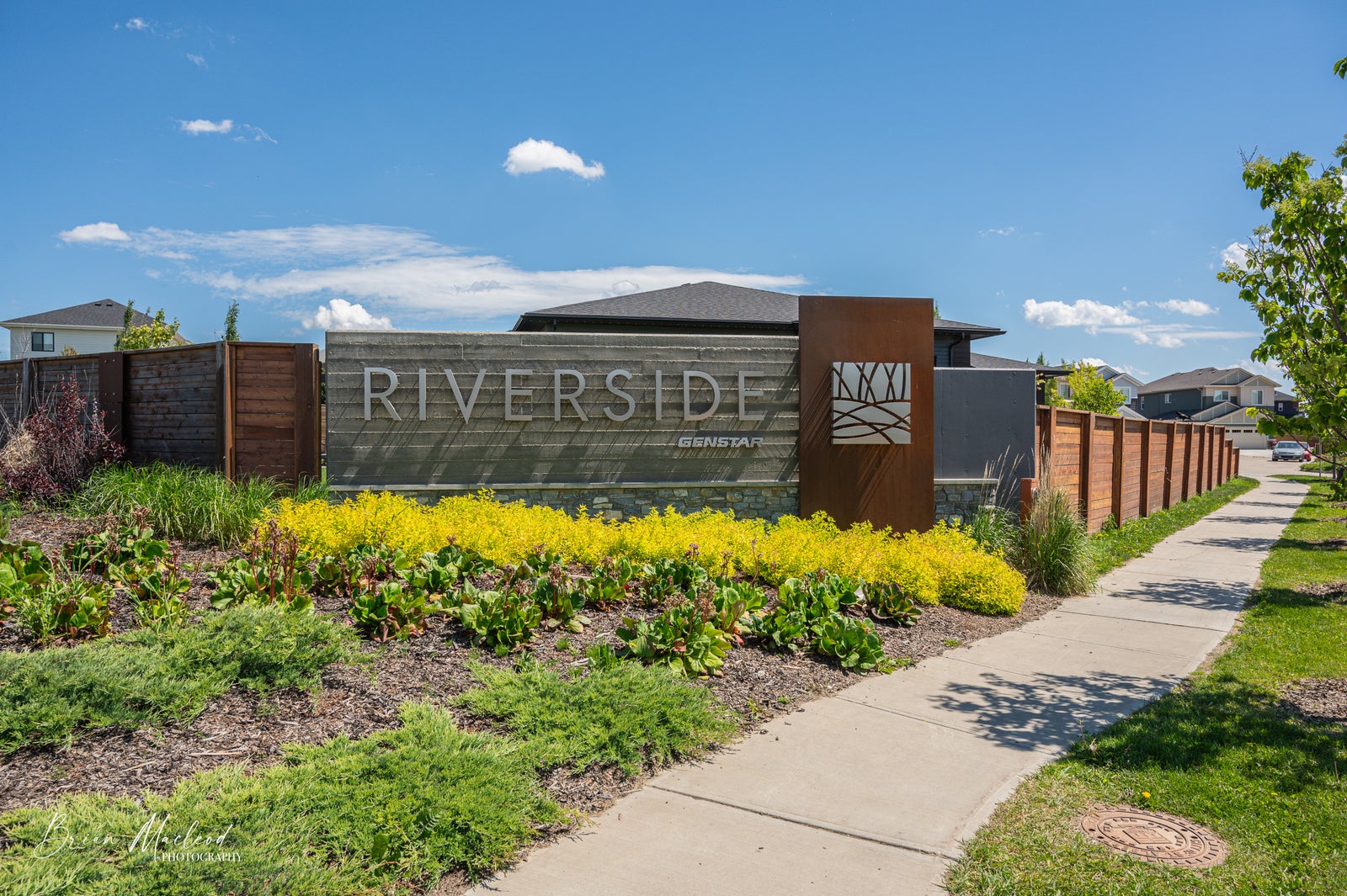 Riverside subdivision sign, sunny day, in St Albert