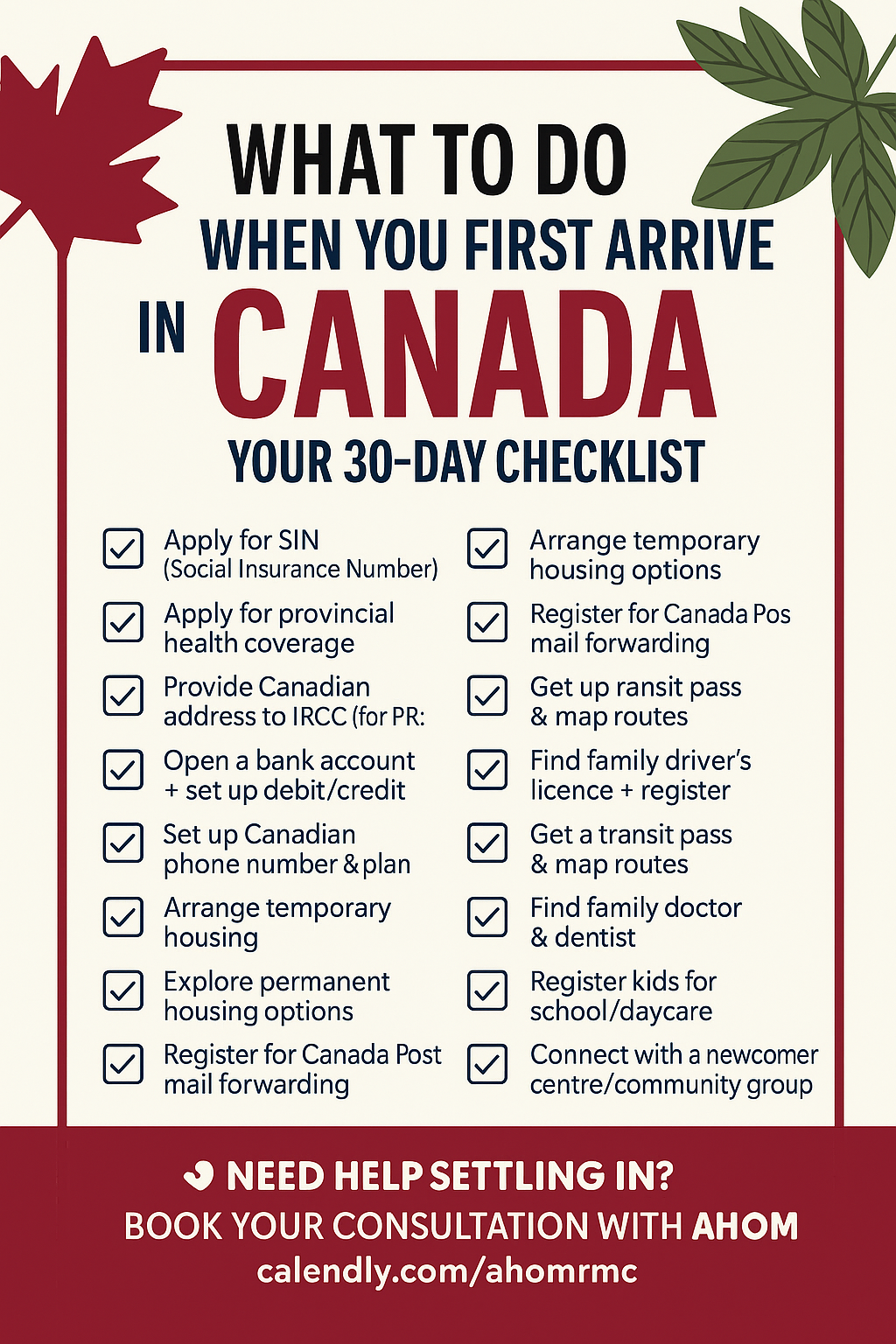 The main steps for settling in a new city in Canada include securing essential documents, arranging housing, setting up finances, accessing healthcare, and integrating into the community.