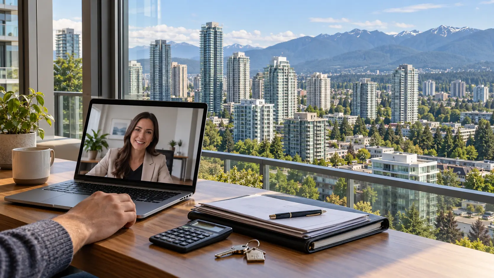 Video call with a property manager beside rental records and keys, overlooking a Burnaby-inspired skyline Video call with a property manager beside rental records and keys, overlooking a Burnaby-inspired skyline