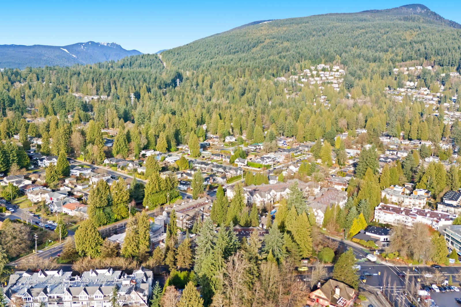 lynn-valley-north-vancouver-homes-aerial-view Aerial drone view of Lynn Valley neighbourhood and surrounding forest in North Vancouver