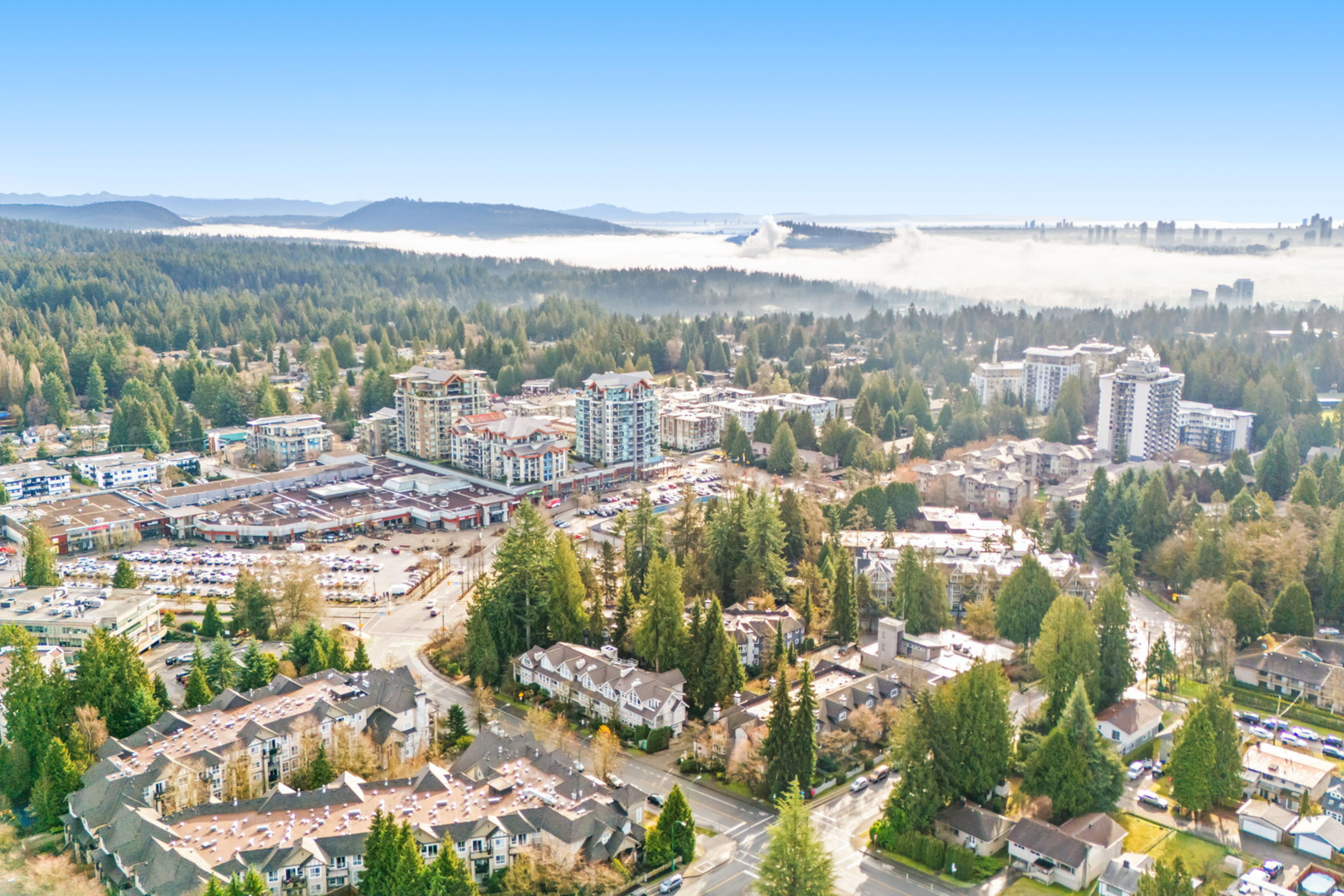 Aerial view of Lynn Valley, North Vancouver, showing townhouse-friendly neighbourhoods near local parks and trails
