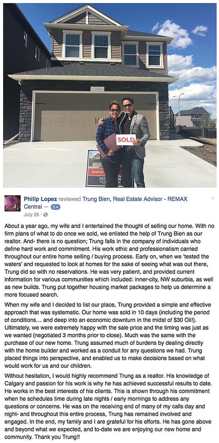 Trung Bien - Realtor Calgary - ReMax Real Estate Central -  Home Buyer testimonial