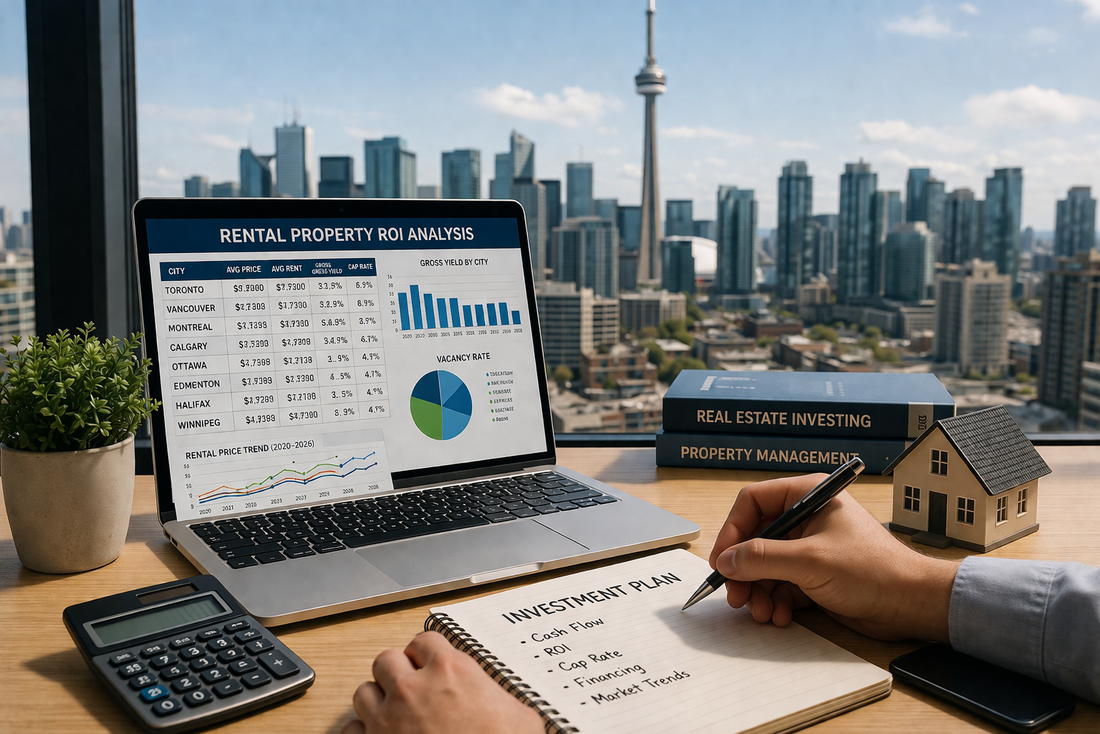 Rental property ROI charts on laptop with city skyline background