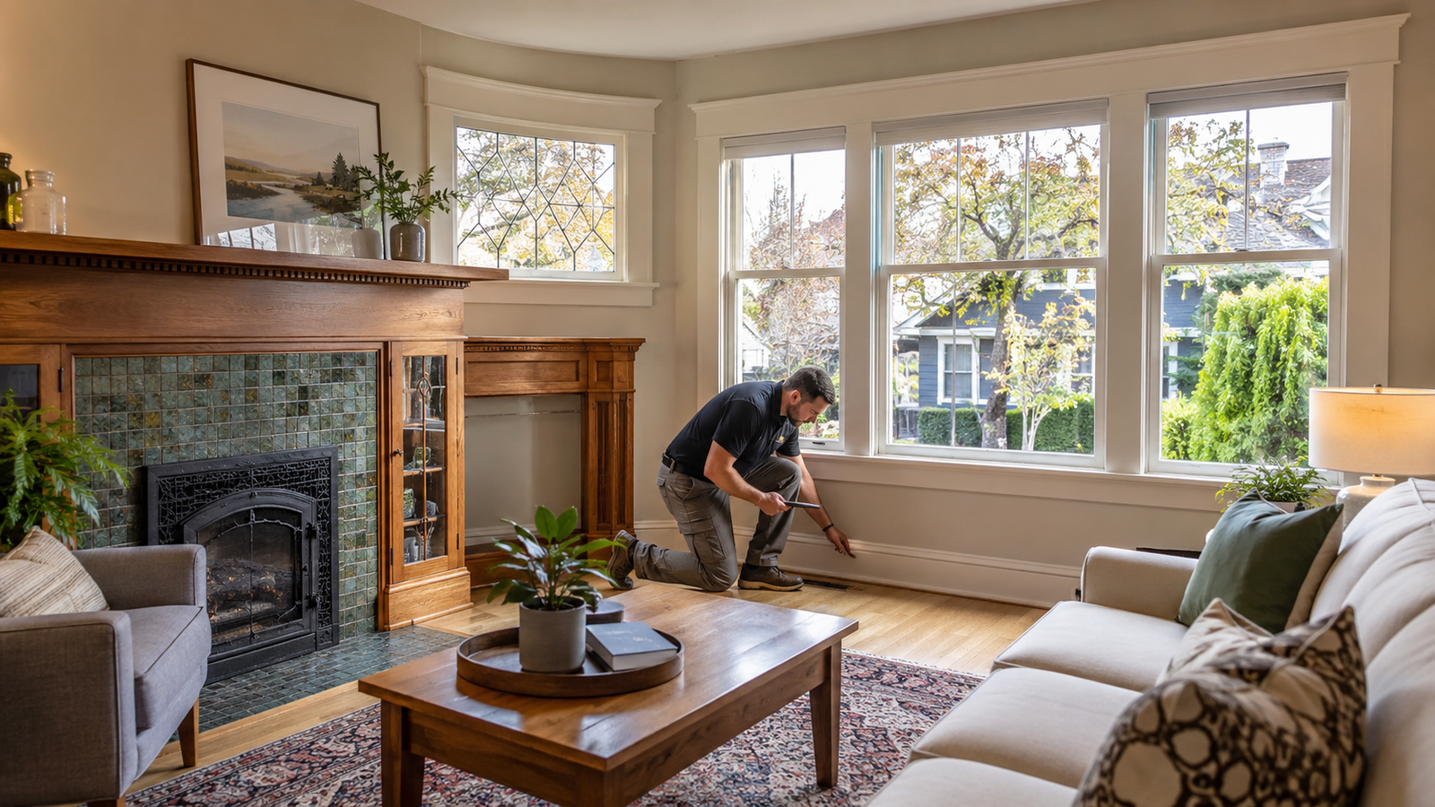 Home inspector reviewing the exterior of a heritage character home in Victoria BC