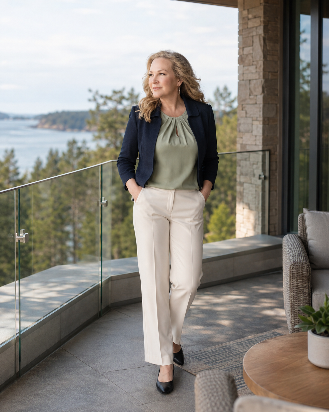 Janine Thomson Realtor on an ocean view balcony overlooking the BC coast