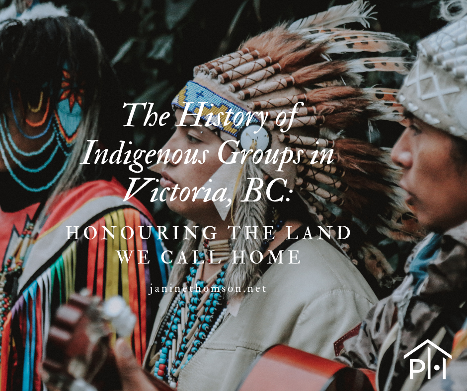 ndigenous History of Victoria, BC | Honouring Local Nations indigenous history Victoria BC, traditional territory of the Lekwungen-speaking Peoples, with coastal trees, ocean, and Indigenous art.