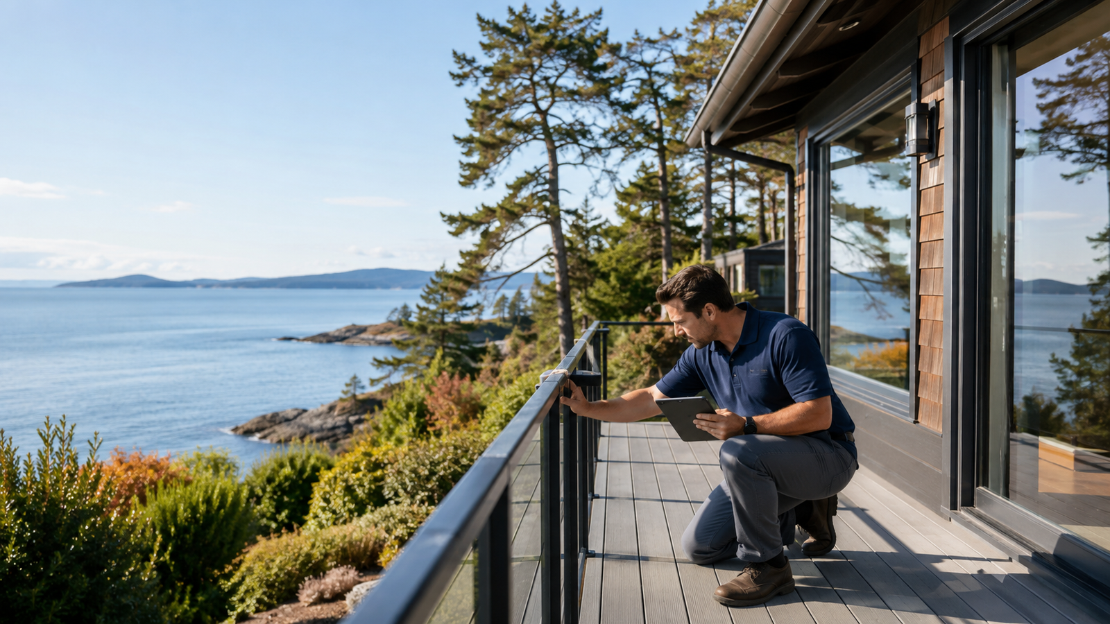 Licensed home inspector examining deck railing at waterfront home in Greater Victoria BC