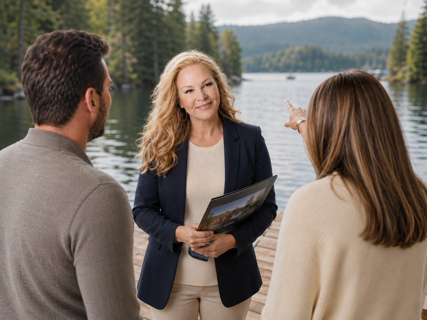 Janine Thomson, Victoria BC Realtor, speaking with buyers at a lakefront property