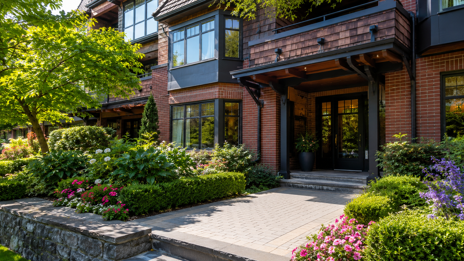 Victoria BC condo building entrance with gardens - selling strata property