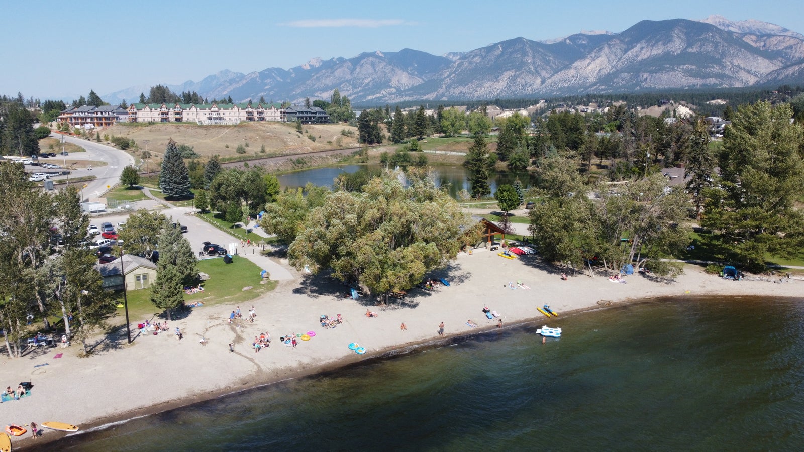 Kinsmen Beach and downtown Invermere on Lake Windermere, BC