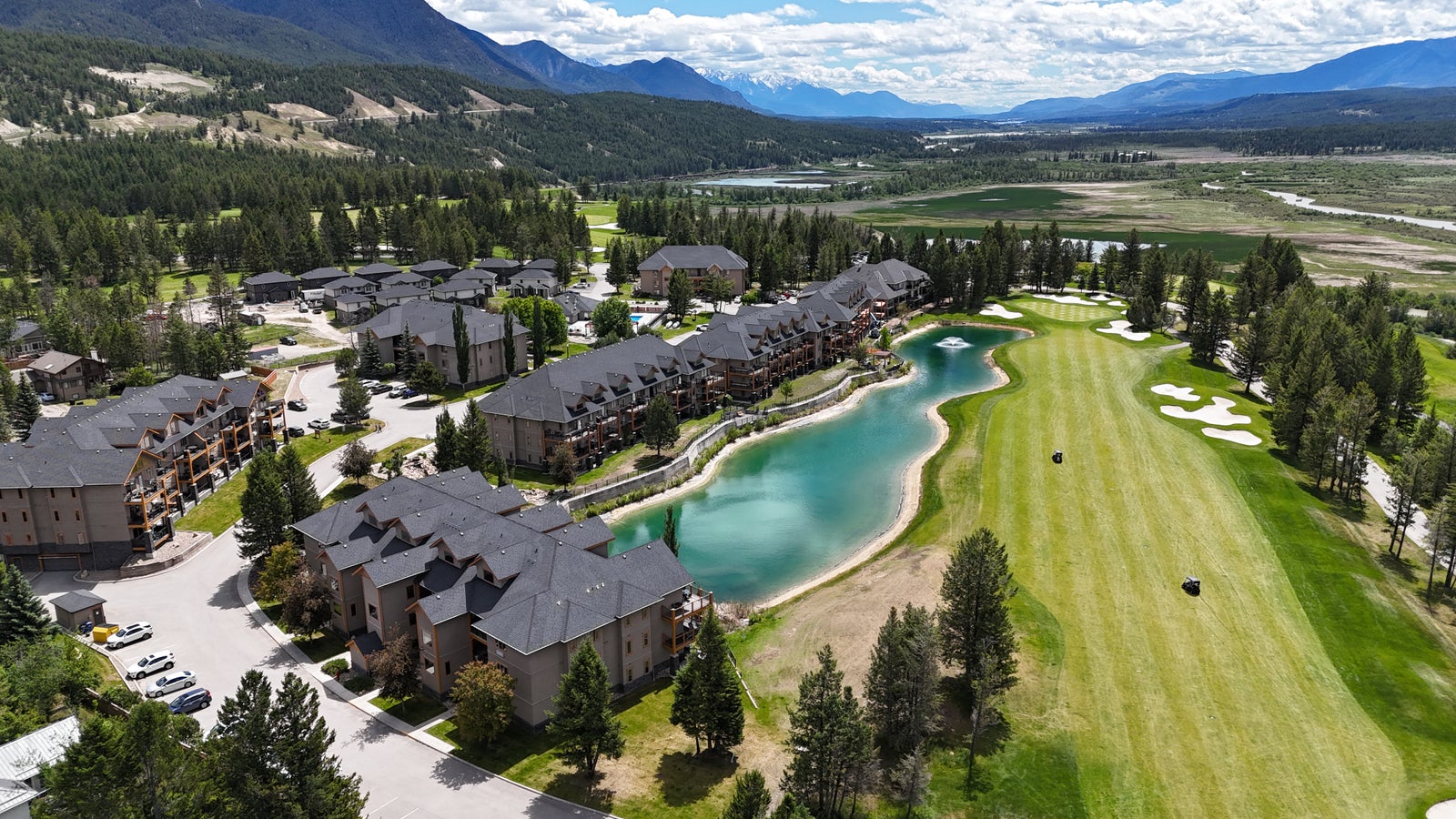 Aerial view of Bighorn Meadows Resort beside the Springs course in Radium Hot Springs