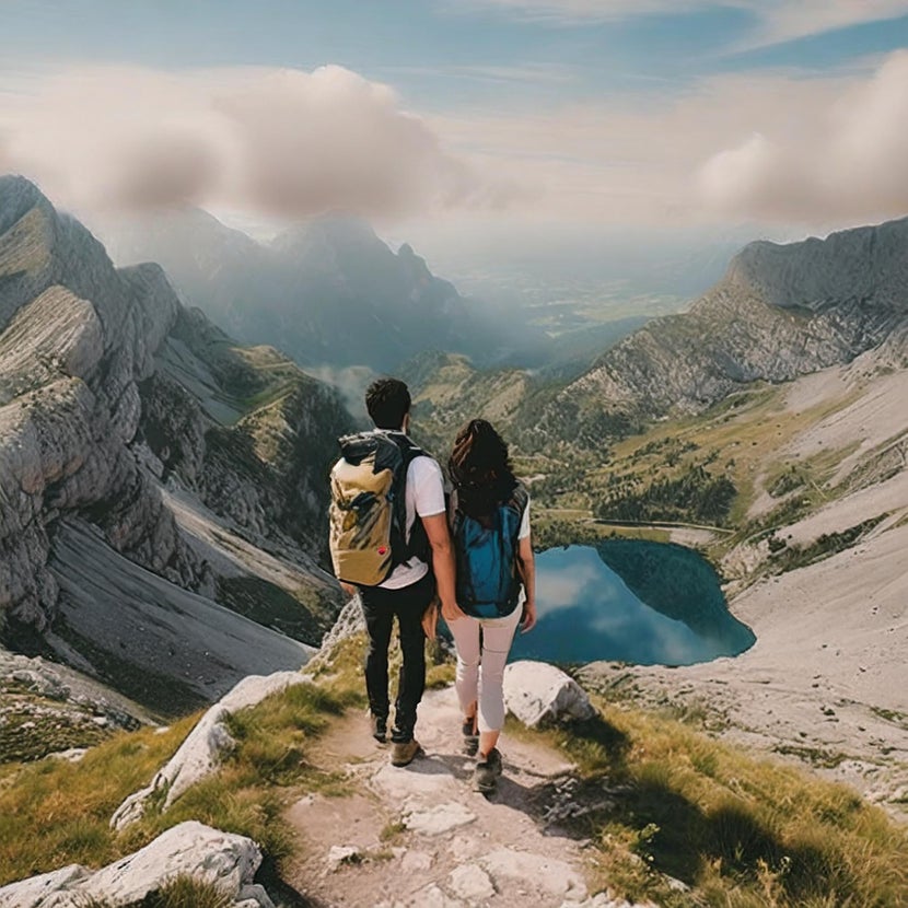 couple hiking the Rocky Mountains with view of Mountain lake