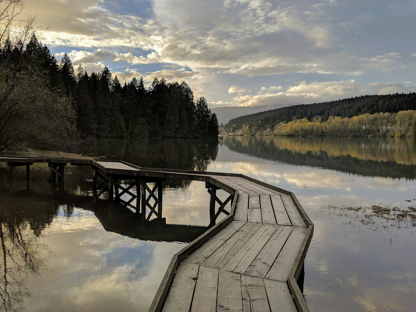 Wooden boardwalk over a calm lake in Port Moody surrounded by trees and mountains