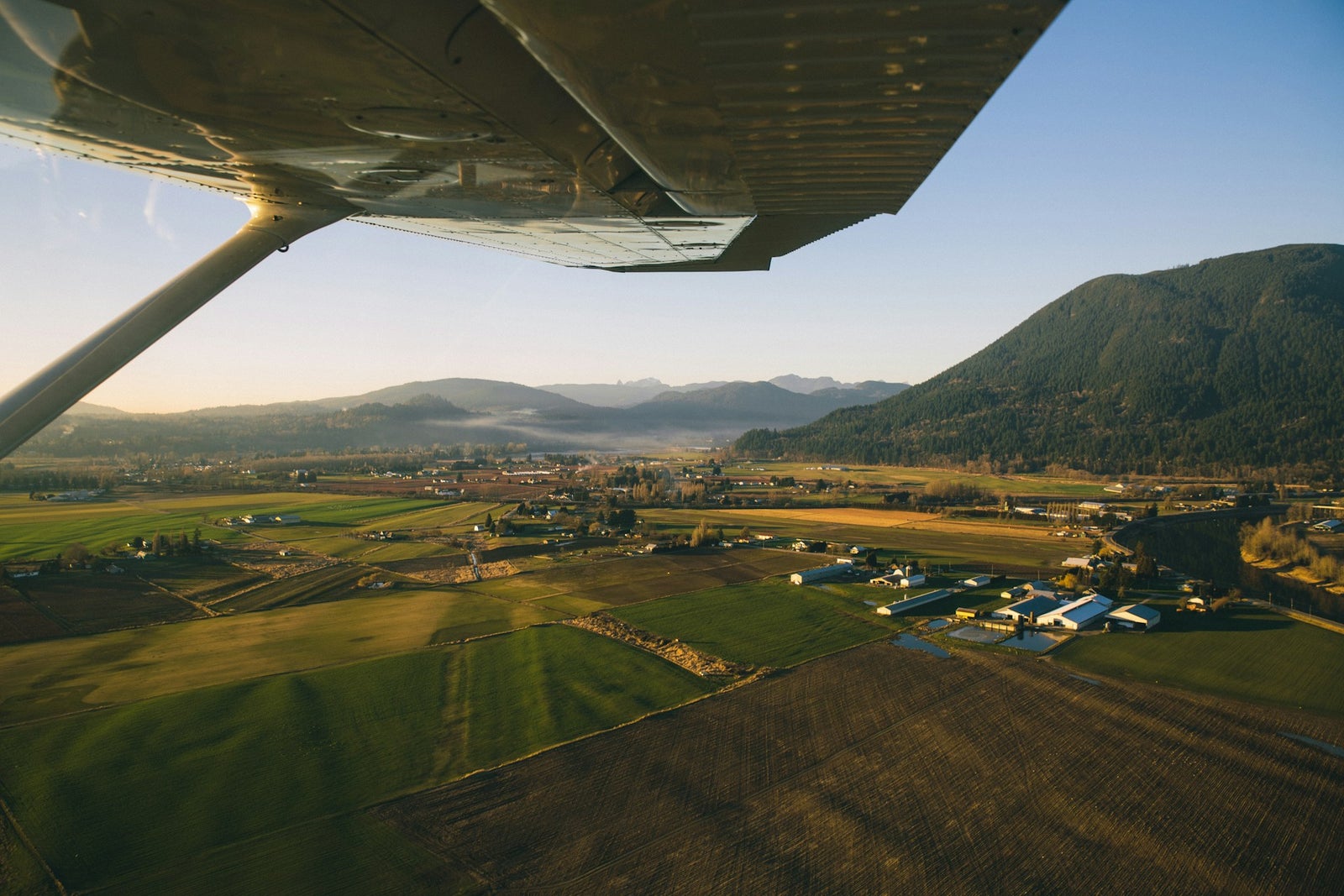 Aerial view of farmland and fields in Langley, British Columbia
