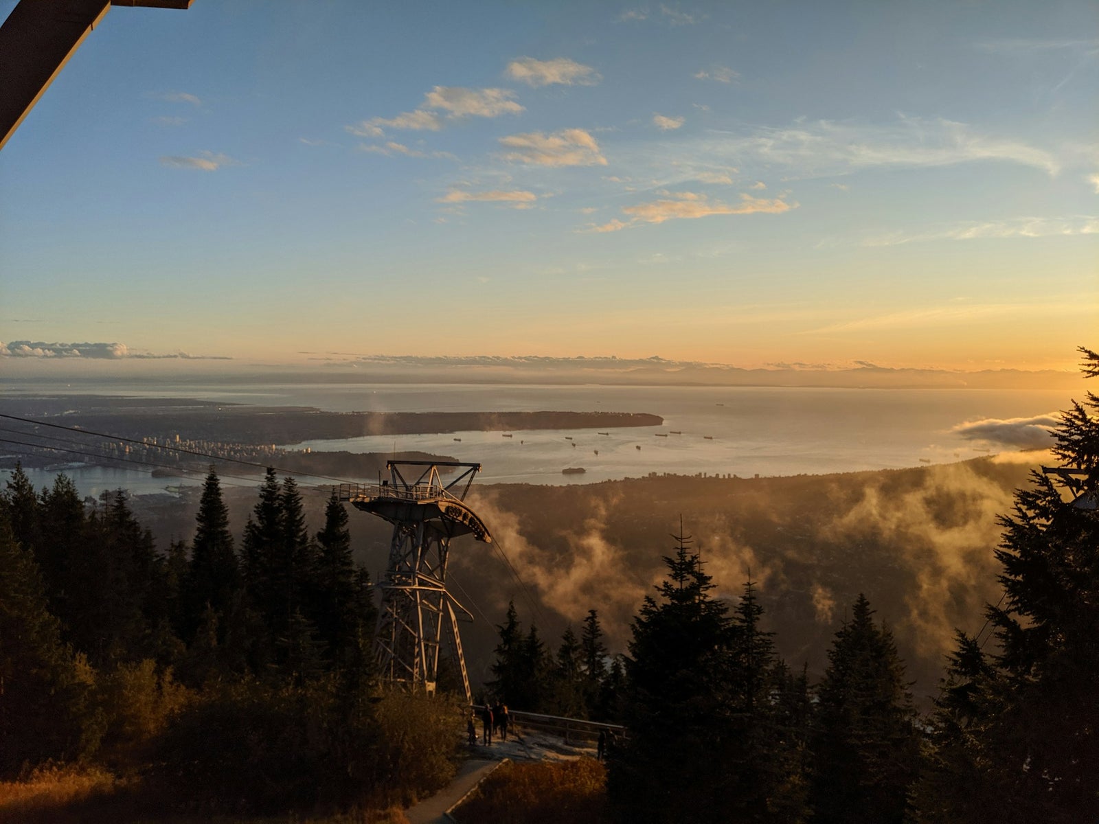 Sunset view from Grouse Mountain overlooking Vancouver and the ocean
