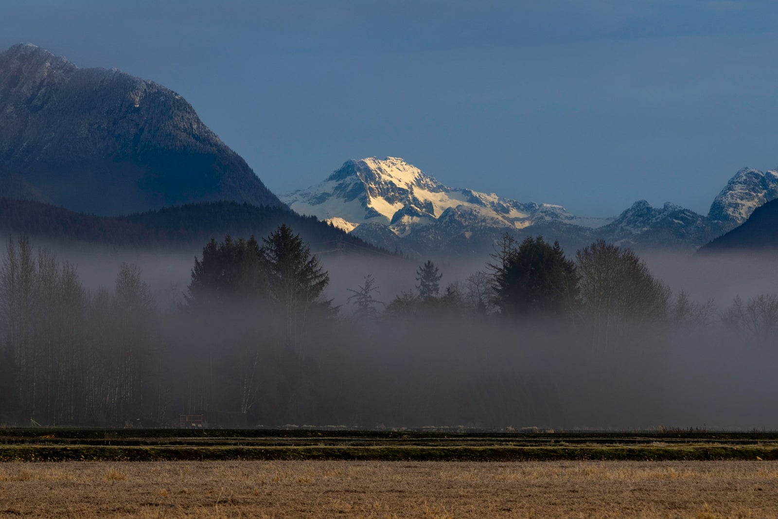 Snow-capped mountains with morning fog over Langley, British Columbia