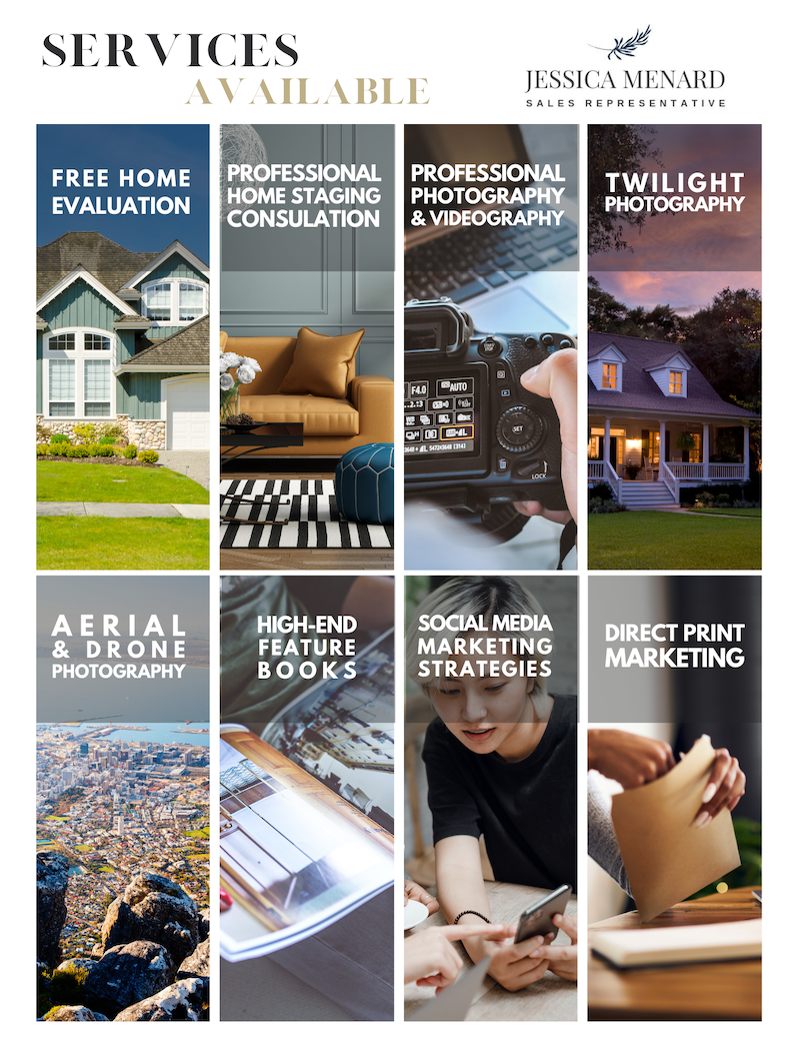 Grid of listing services available - free home evaluation, professional staging, professional photography & videography, twilight photography, drone photography, custom magazines, direct print marketing, social media marketing